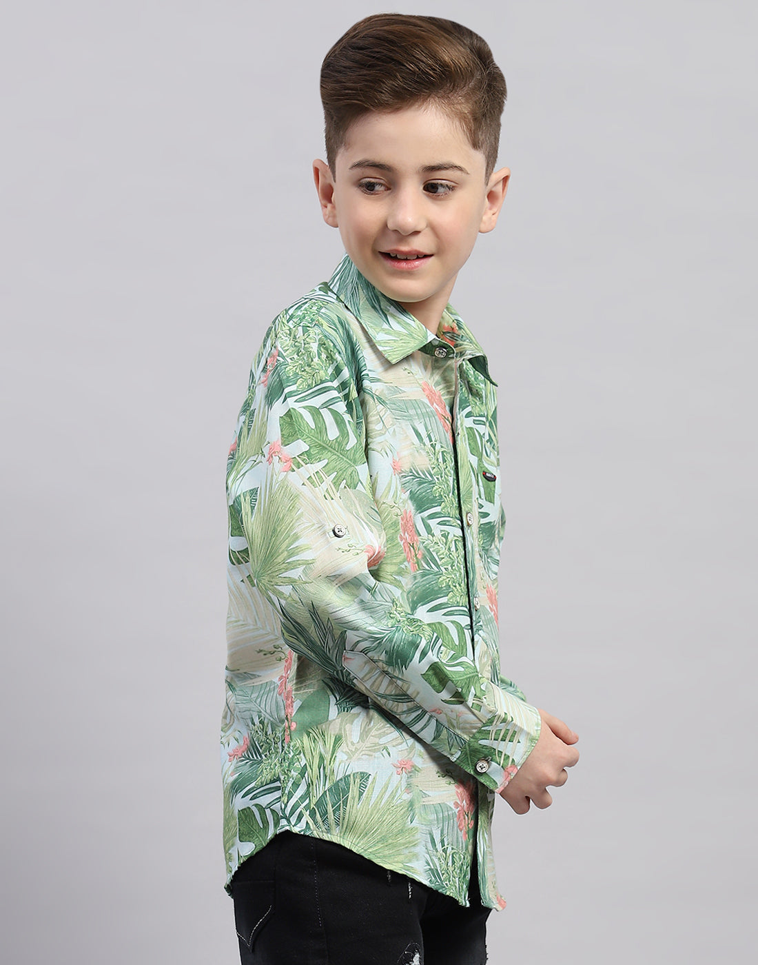 Boys Green Printed Collar Full Sleeve Shirt