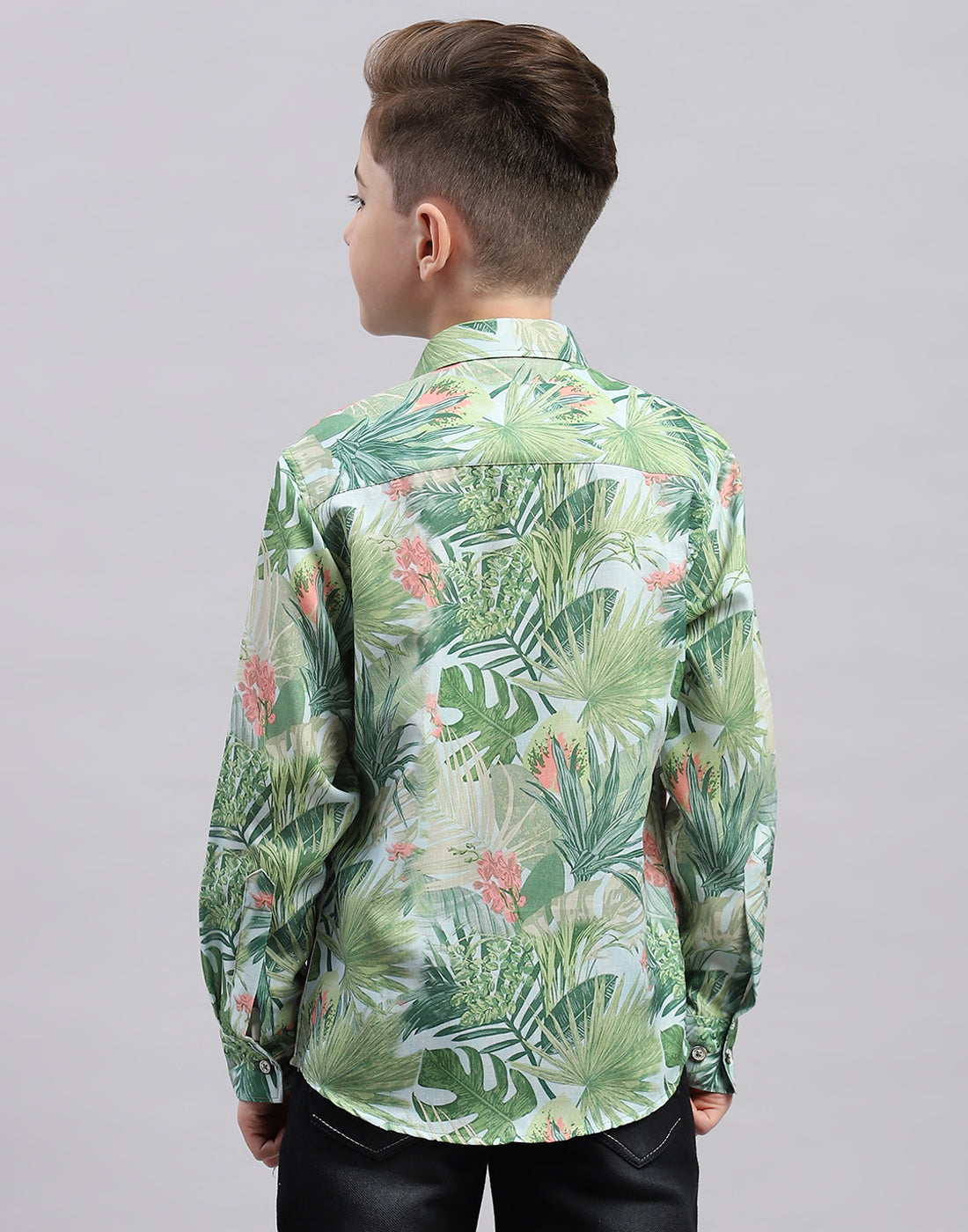 Boys Green Printed Collar Full Sleeve Shirt