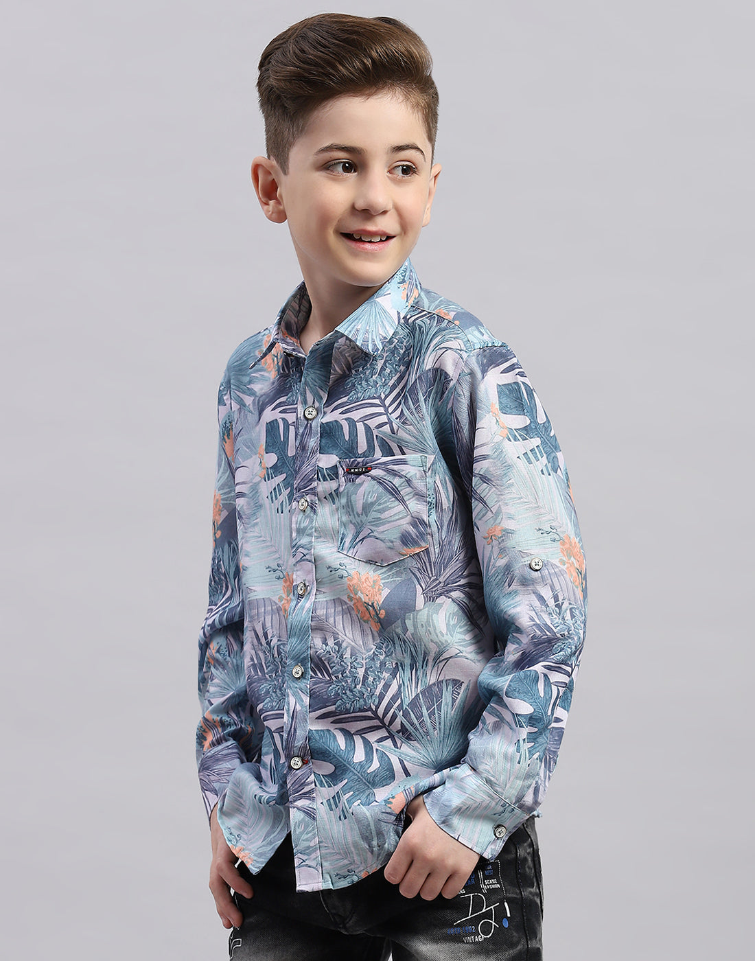 Boys Grey Printed Collar Full Sleeve Shirt