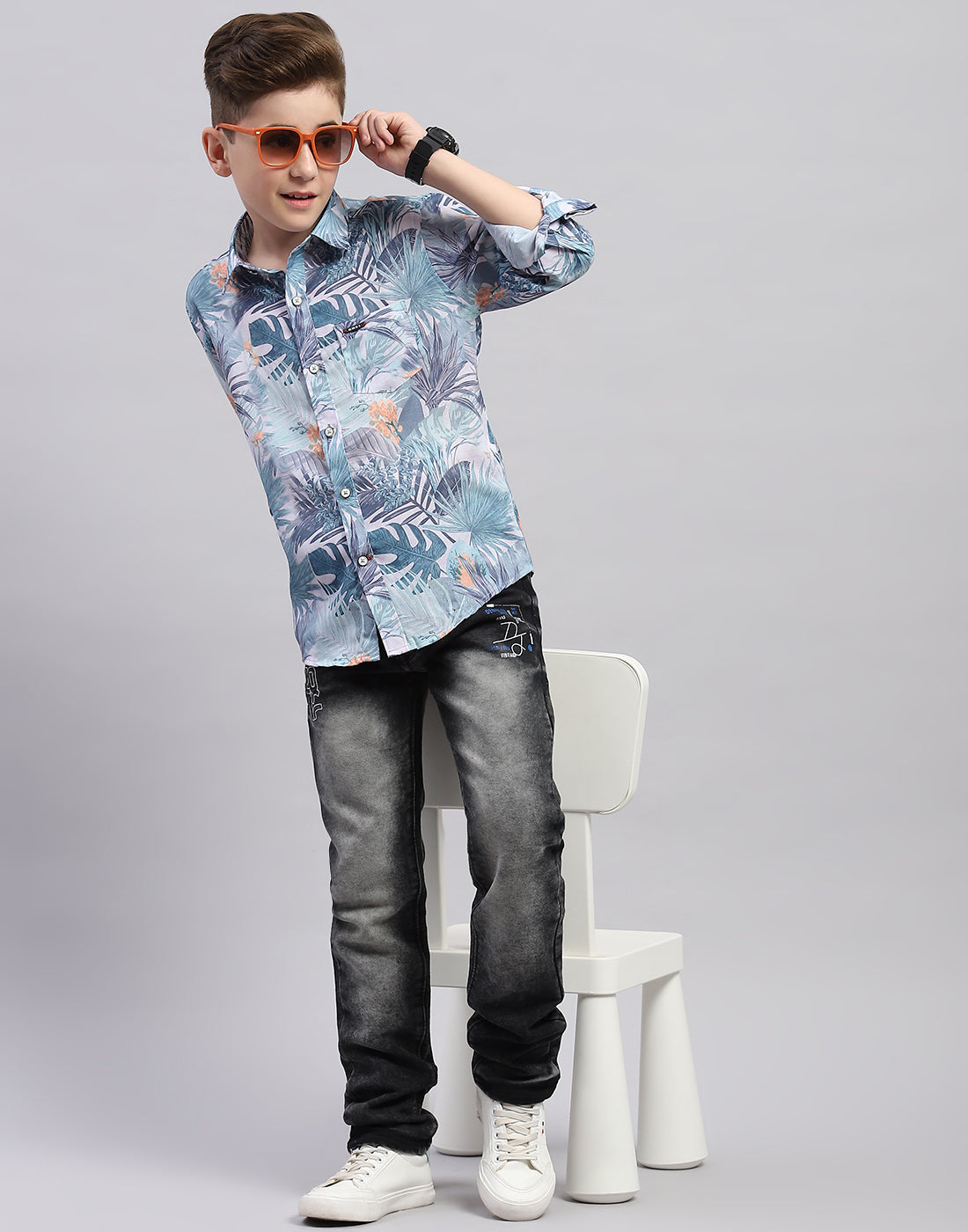 Boys Grey Printed Collar Full Sleeve Shirt