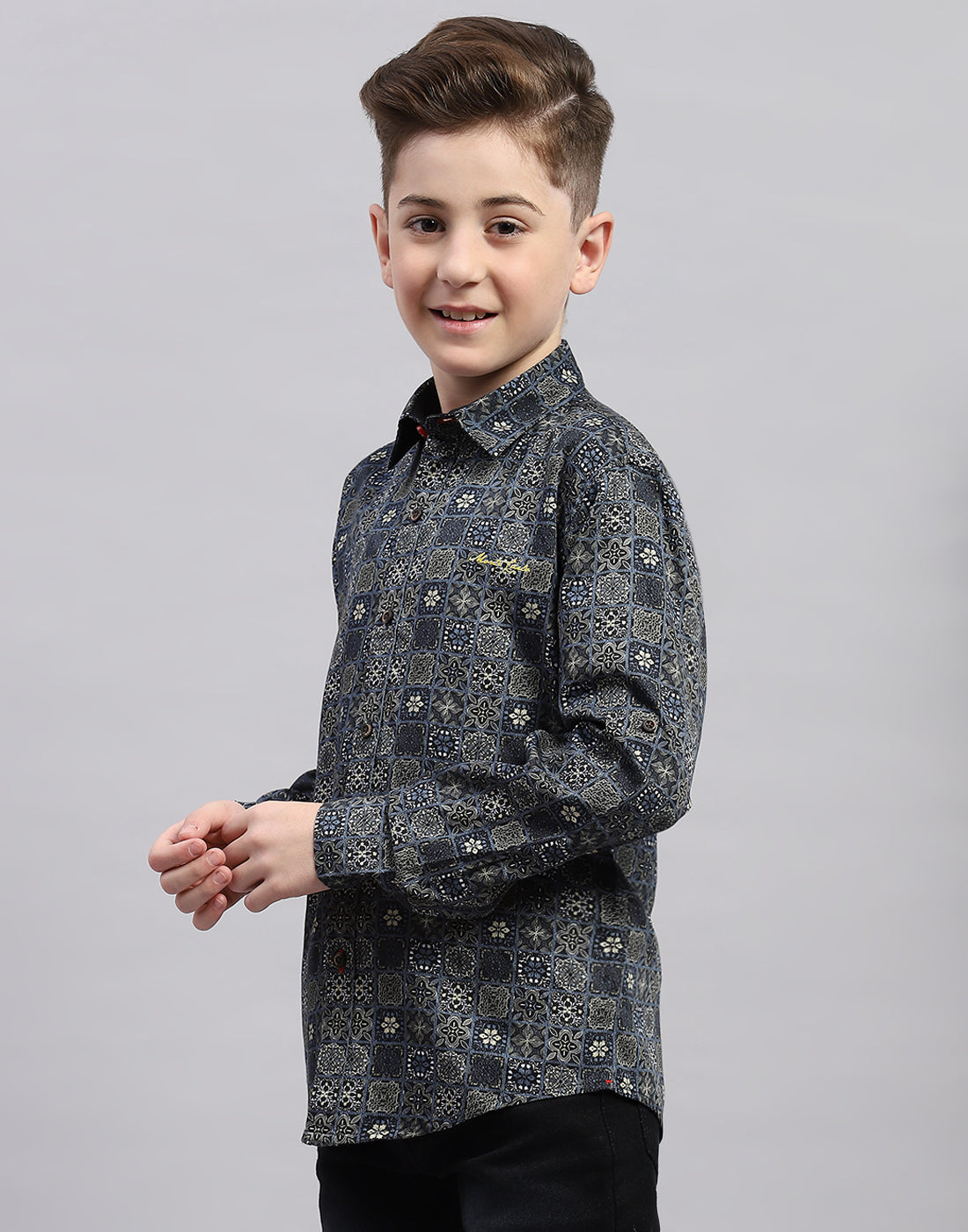 Boys Black Printed Collar Full Sleeve Shirt