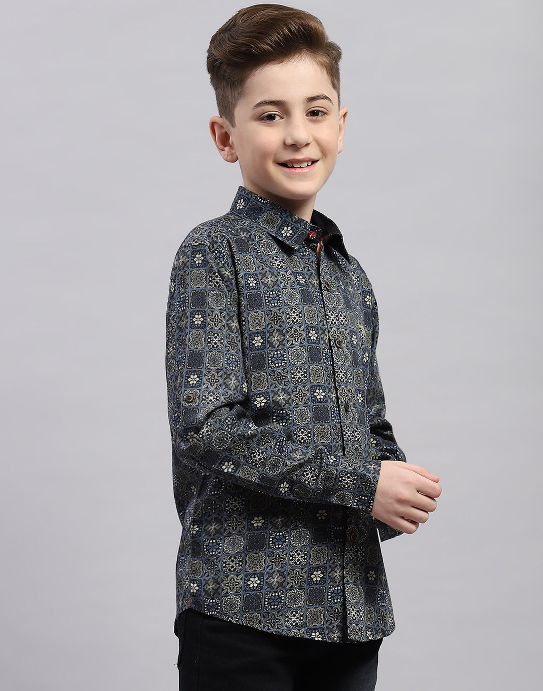 Boys Black Printed Collar Full Sleeve Shirt