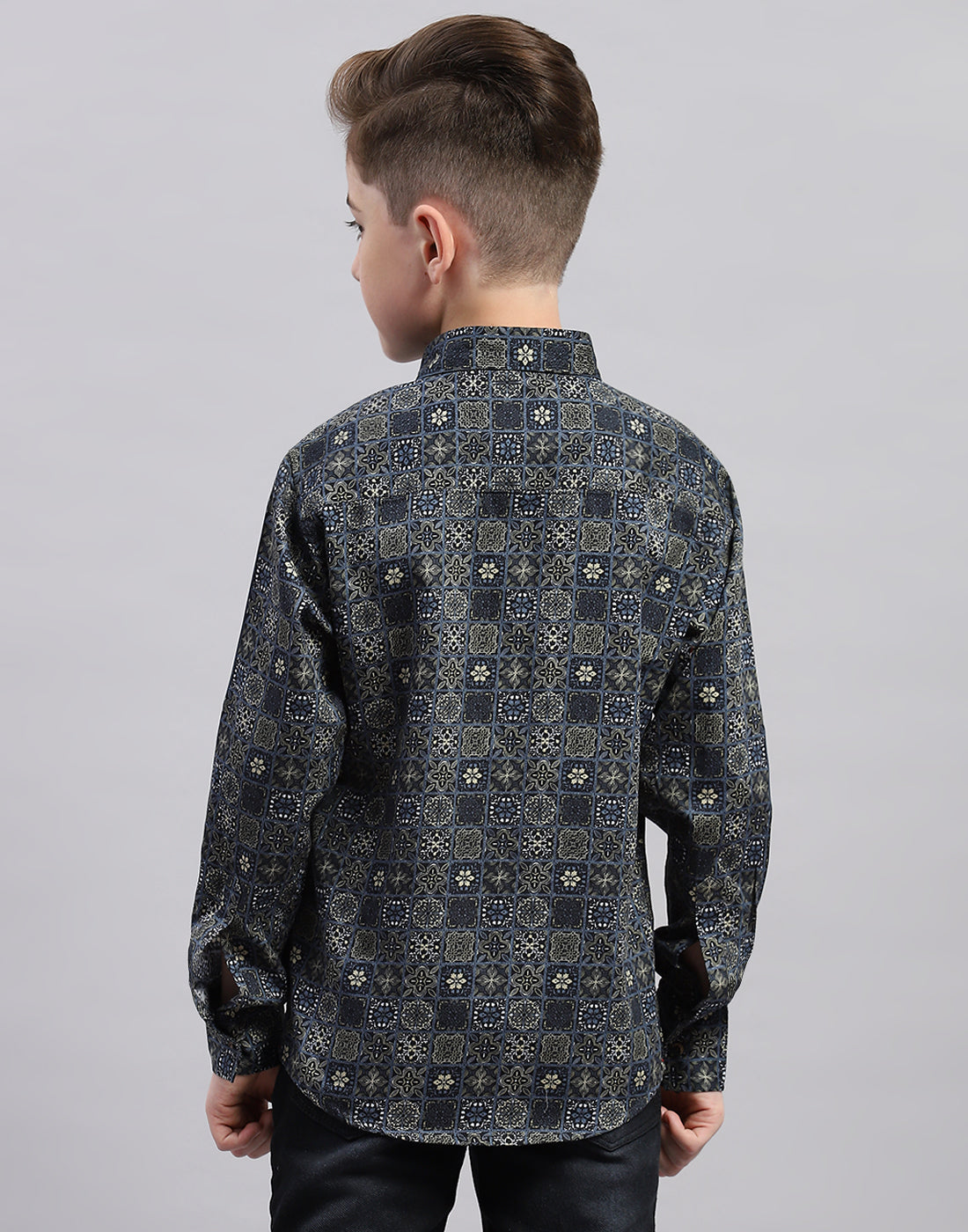 Boys Black Printed Collar Full Sleeve Shirt