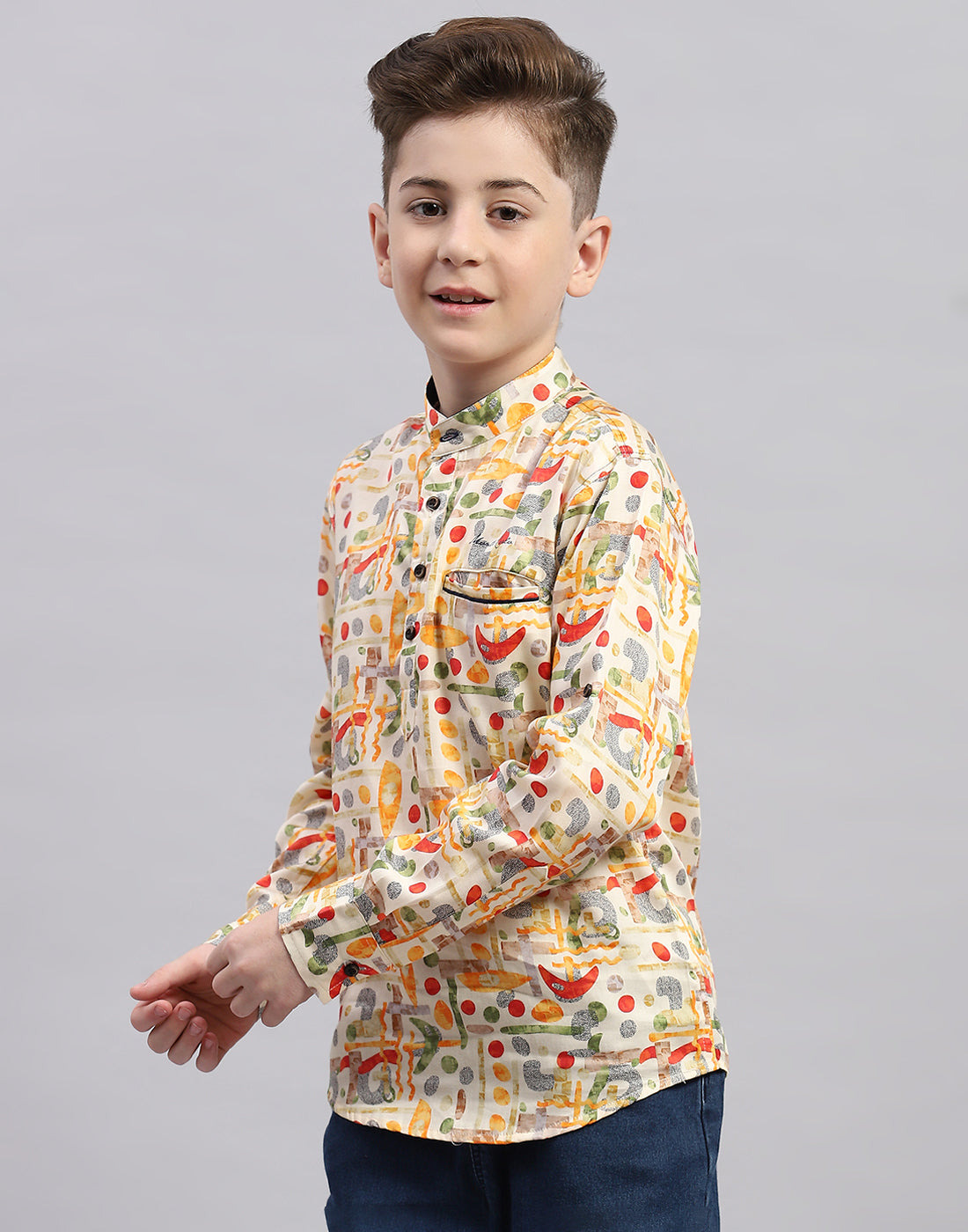 Boys Orange Printed Collar Full Sleeve Shirt