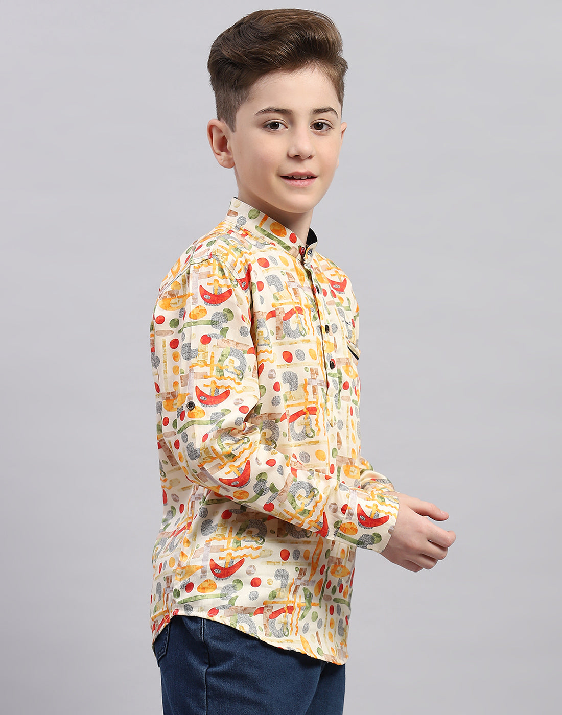 Boys Orange Printed Collar Full Sleeve Shirt