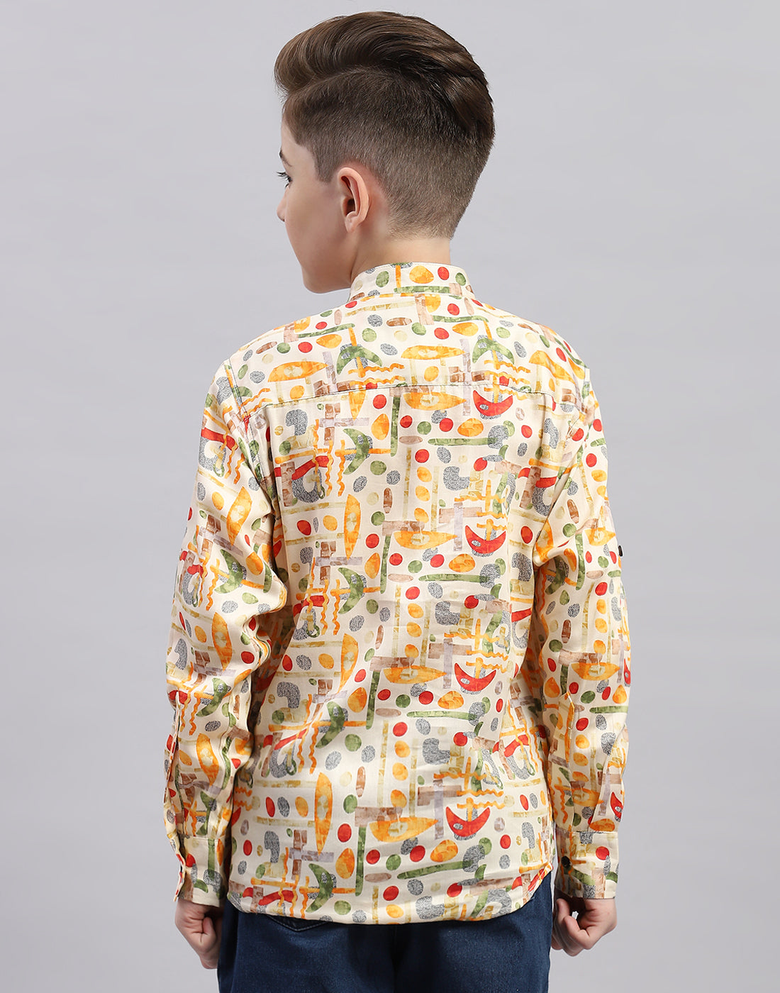 Boys Orange Printed Collar Full Sleeve Shirt