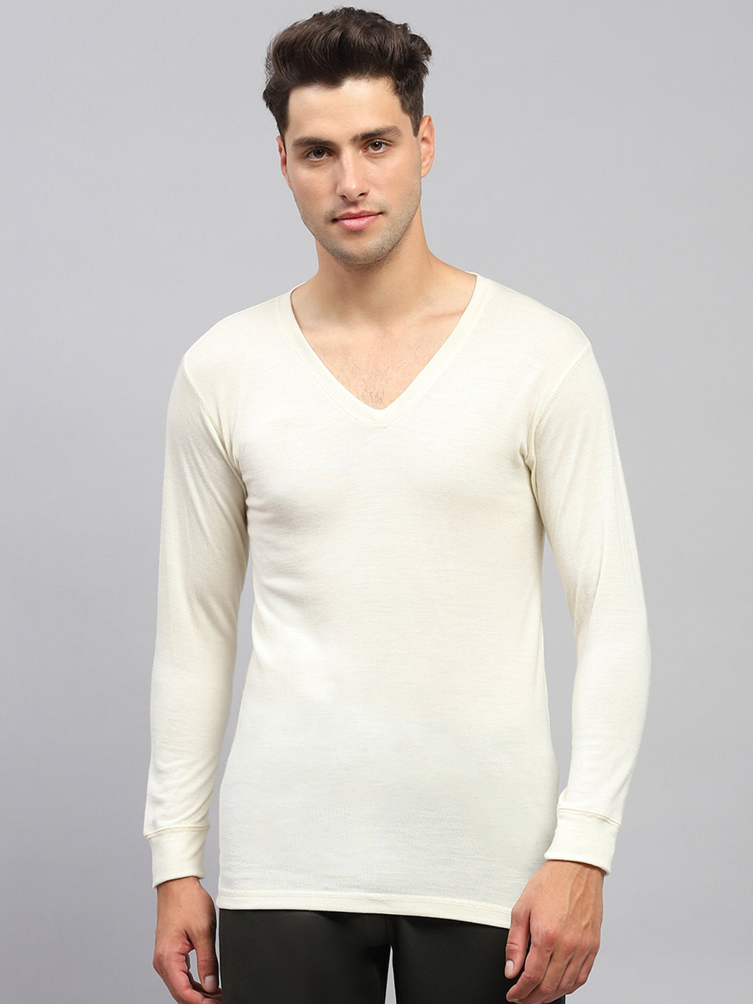 Men Cream Solid V Neck Full Sleeve Thermal Vest