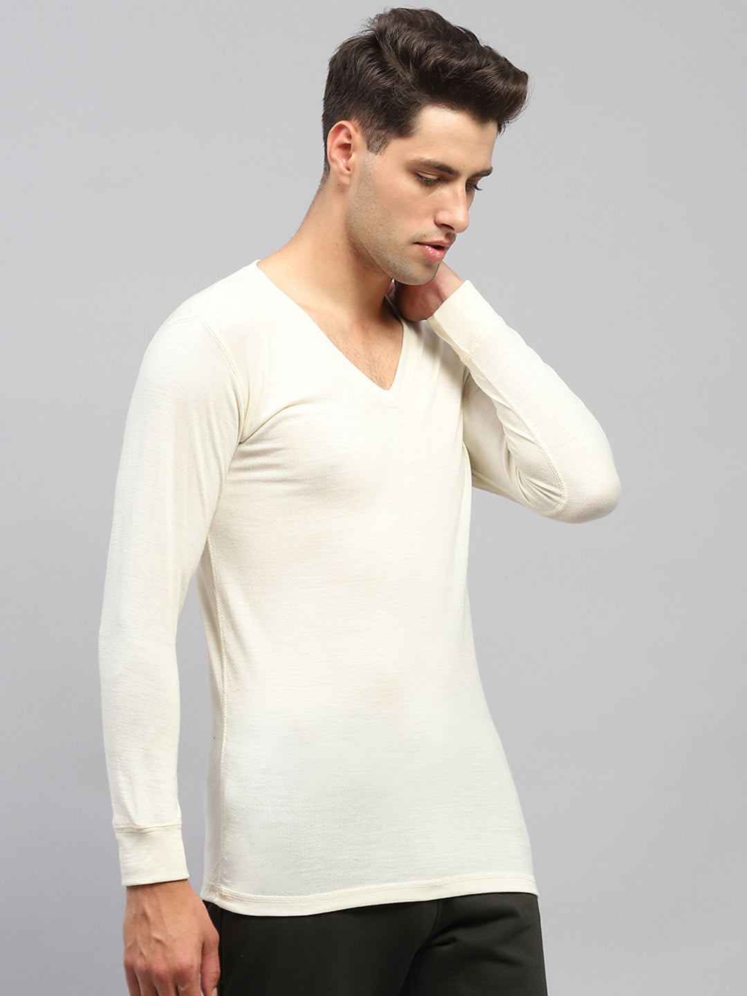 Men Cream Solid V Neck Full Sleeve Thermal Vest