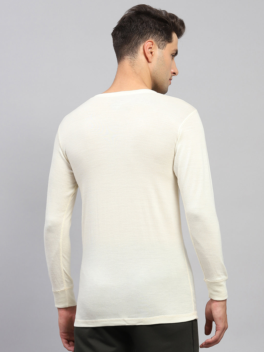 Men Cream Solid V Neck Full Sleeve Thermal Vest