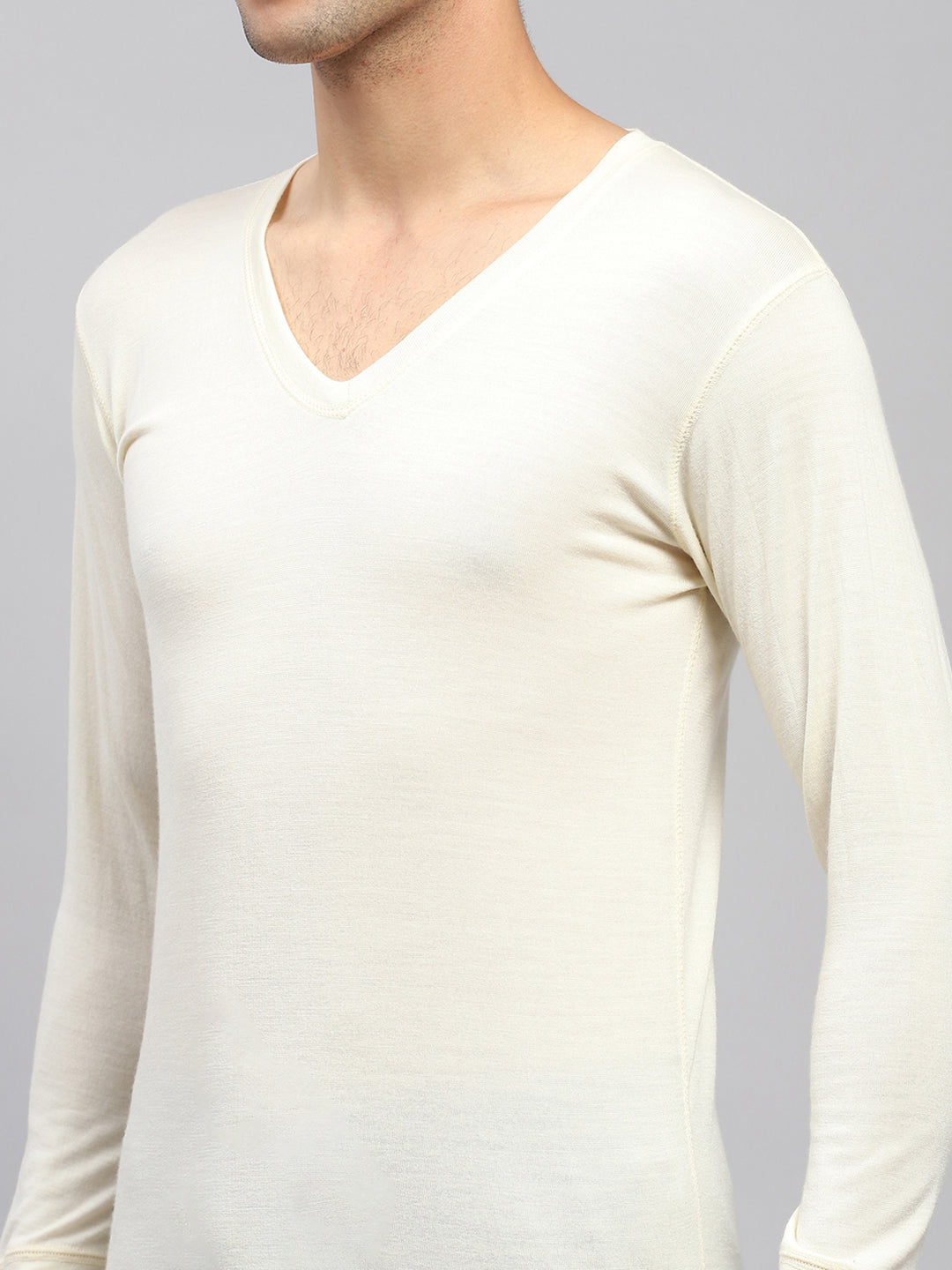 Men Cream Solid V Neck Full Sleeve Thermal Vest