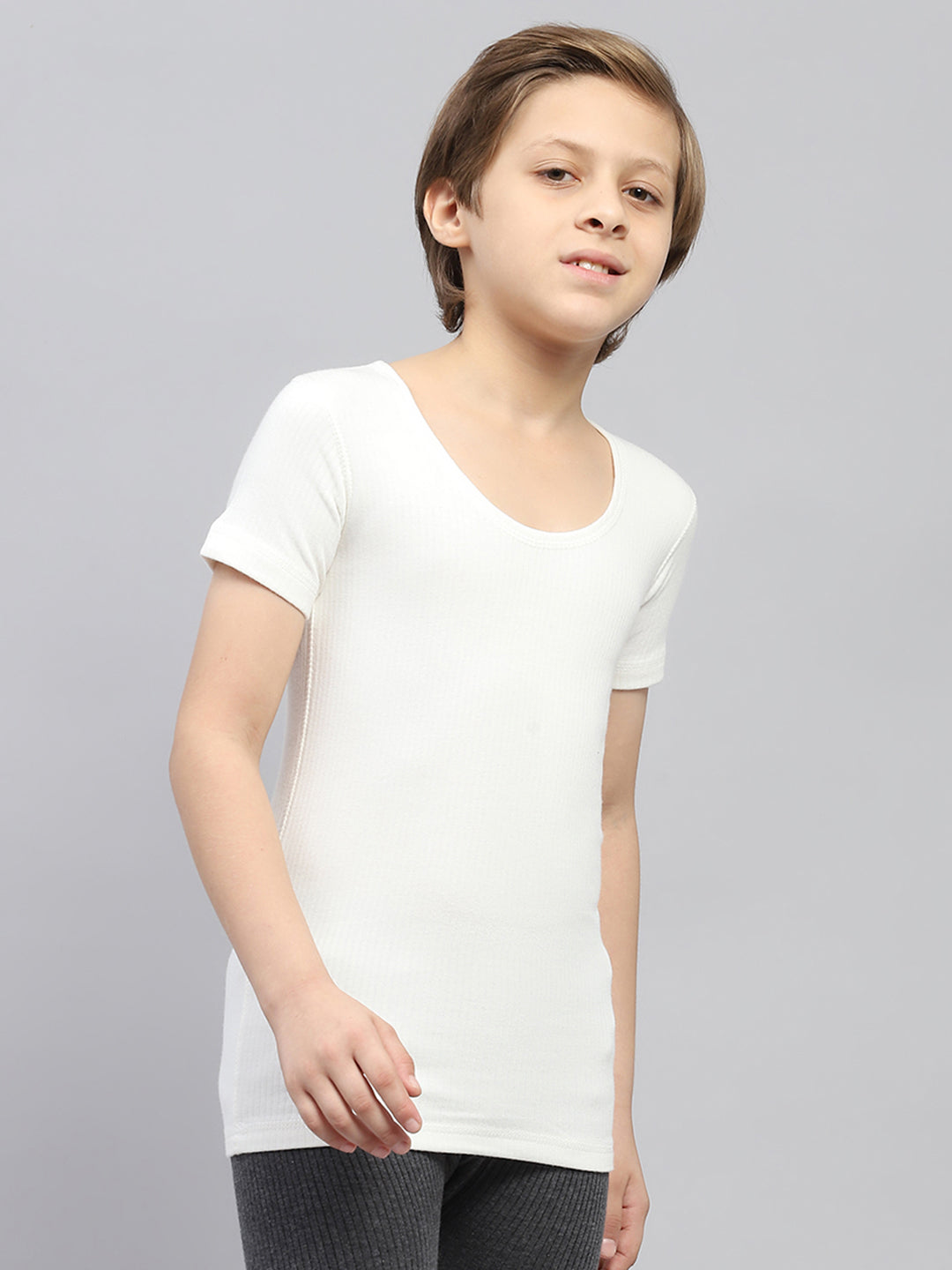 Boys Off White Solid Thermal Vest