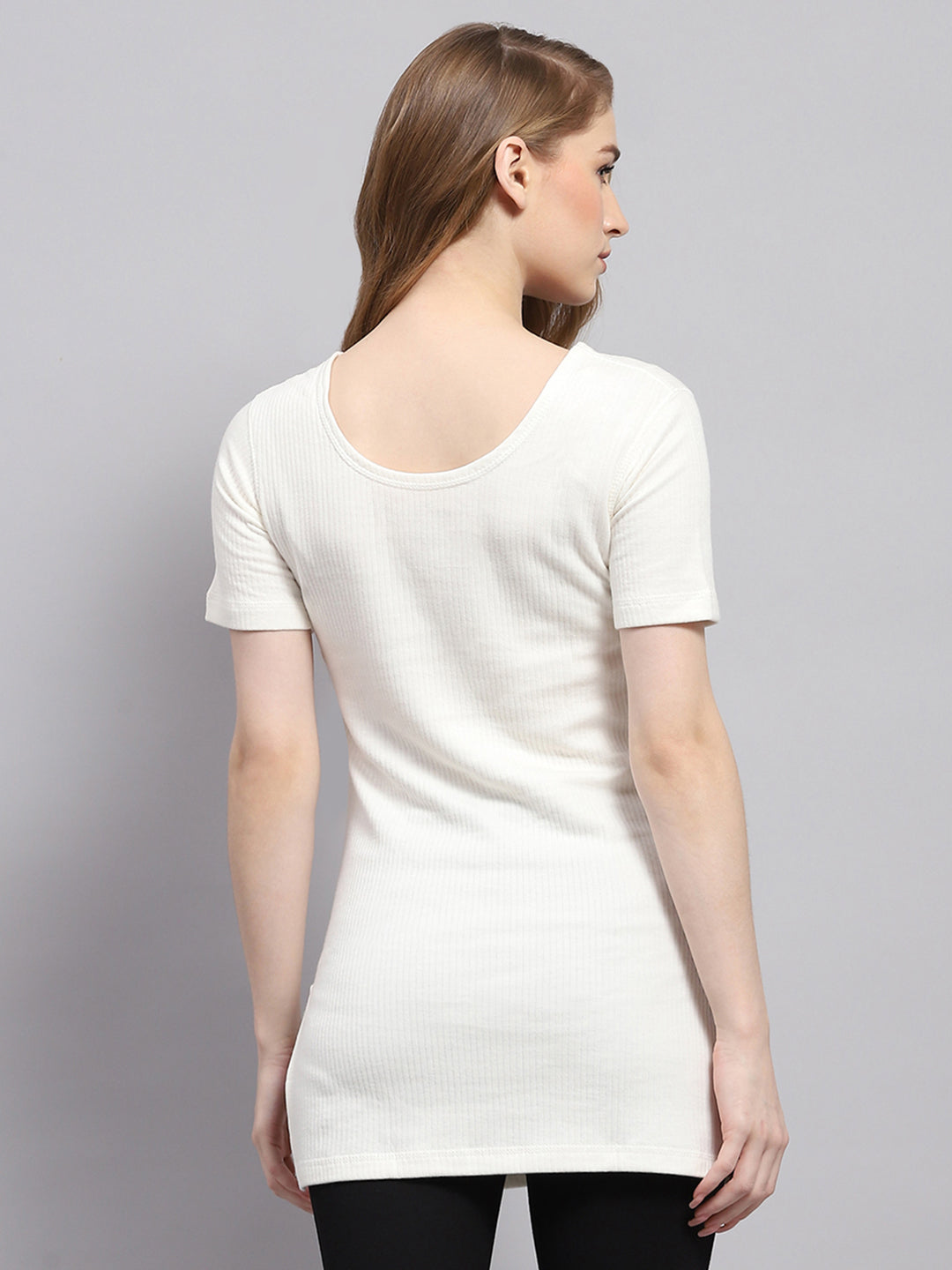 Women White Solid Round Neck Half Sleeve Thermal Vest