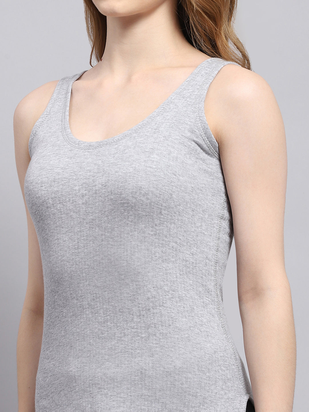 Women Grey Solid Round Neck Sleeveless Thermal Vest