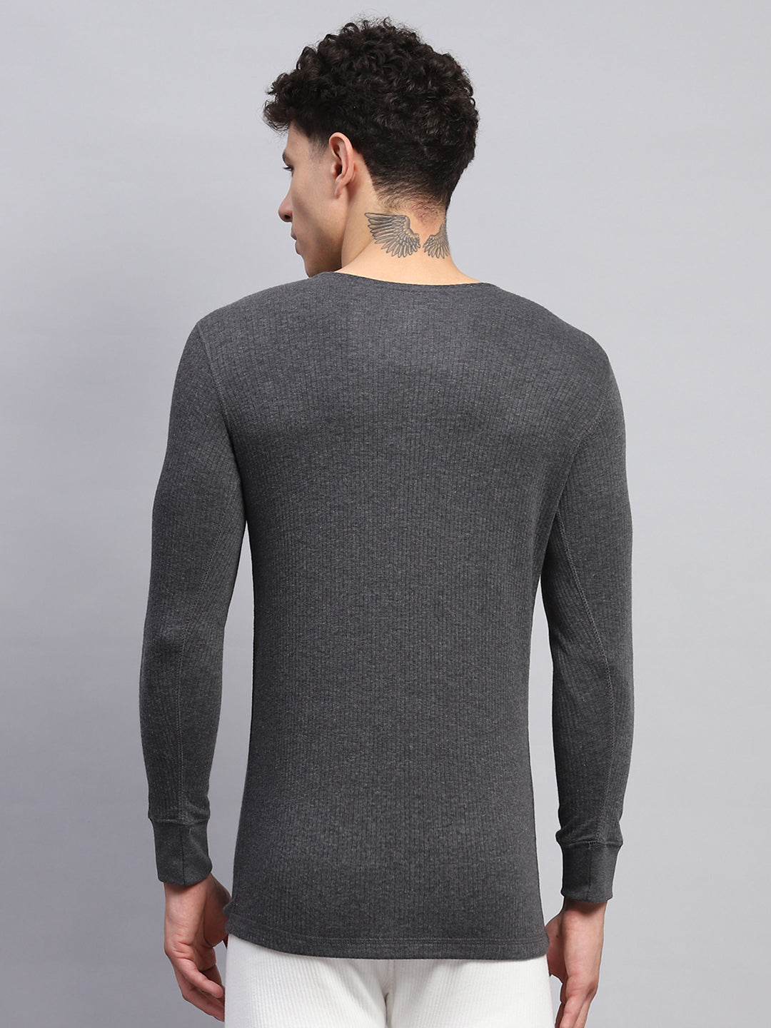 Men Charcoal Solid Round Neck Full Sleeve Thermal Vest