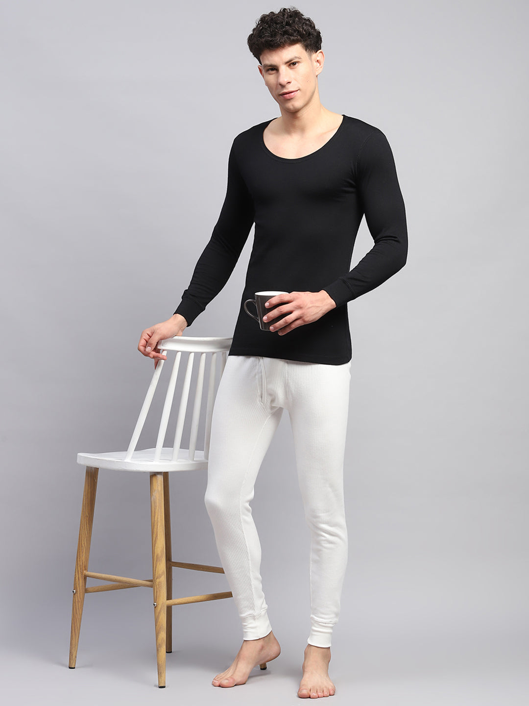 Men White Solid Thermal Lower