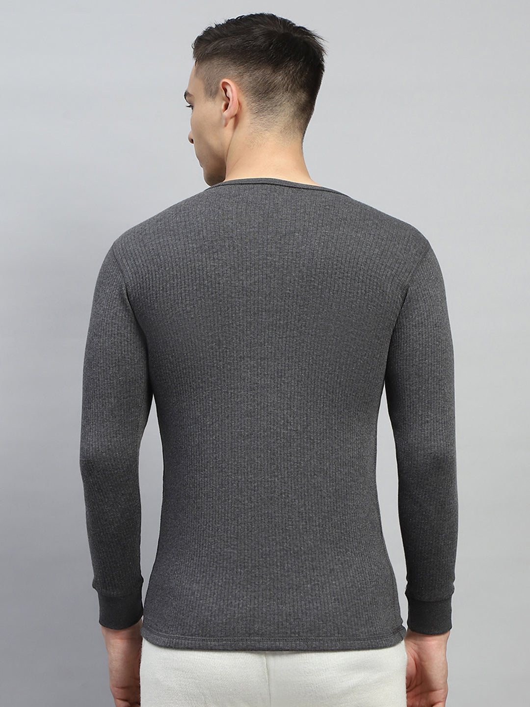 Men Charcoal Solid Round Neck Full Sleeve Thermal Vest