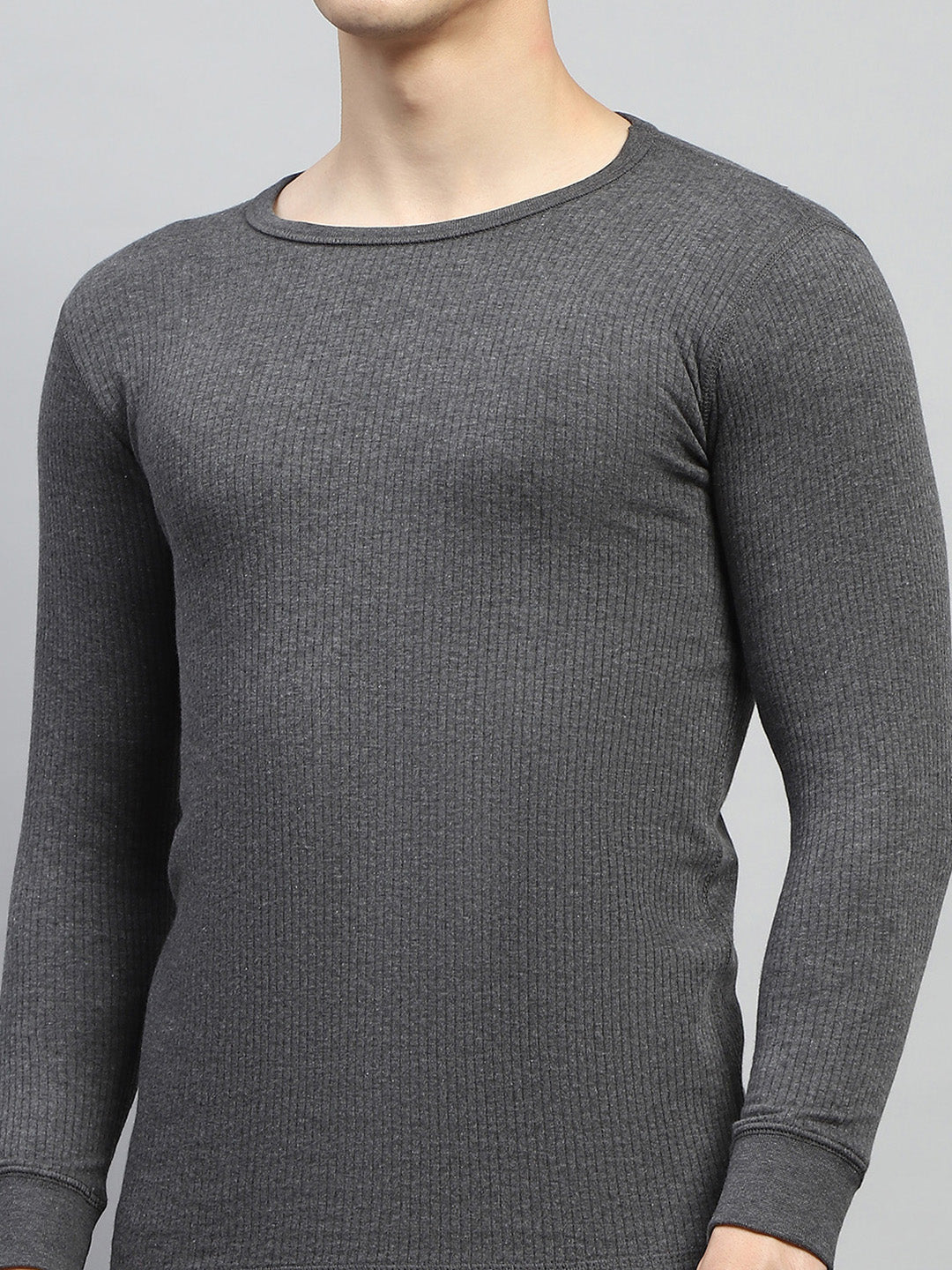 Men Charcoal Solid Round Neck Full Sleeve Thermal Vest