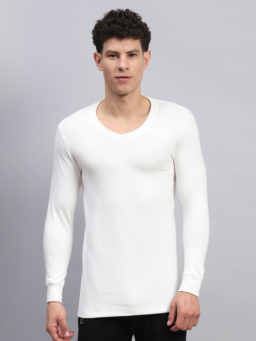 Men White Solid V Neck Full Sleeve Thermal Vest