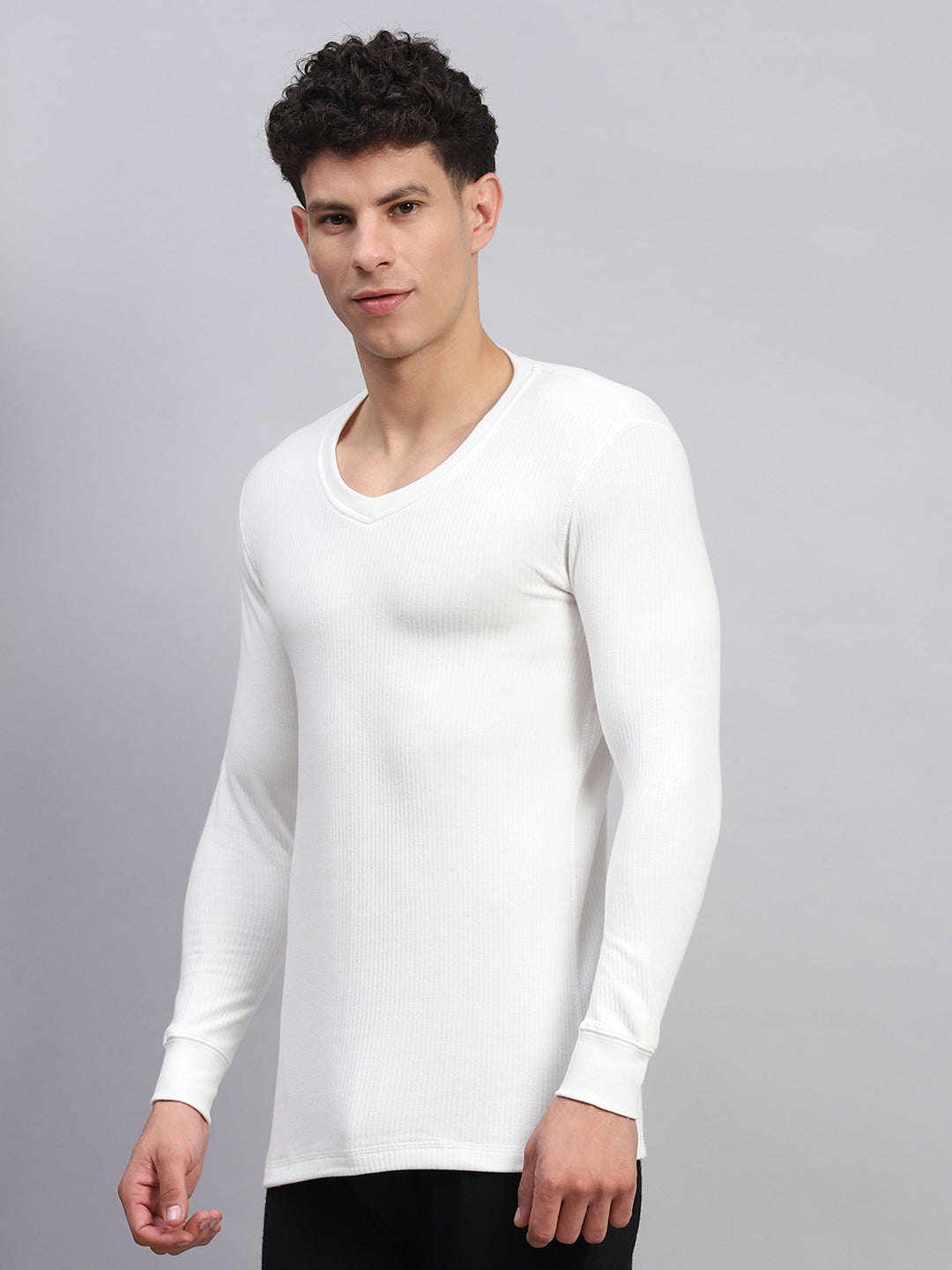 Men White Solid V Neck Full Sleeve Thermal Vest