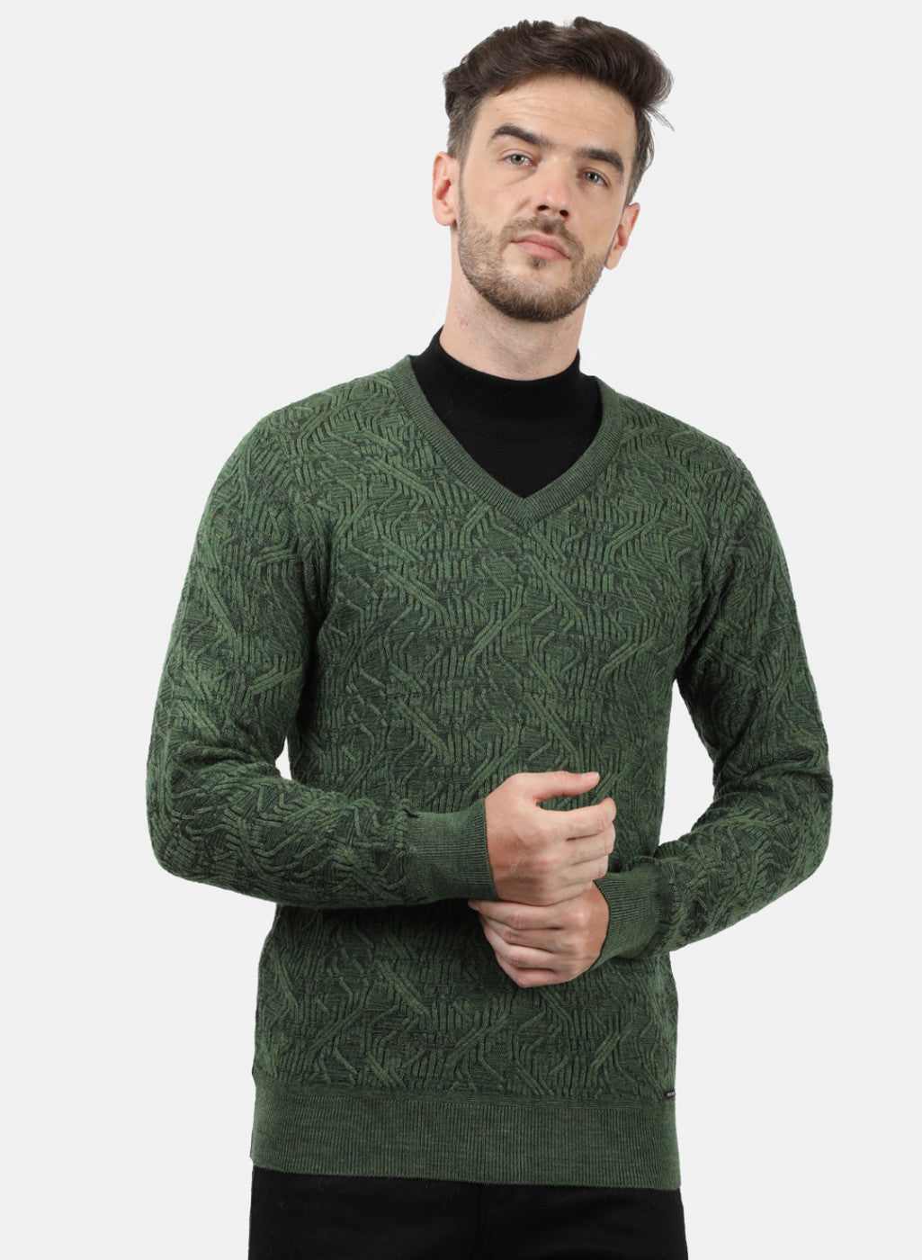 Men Green Self Pullover