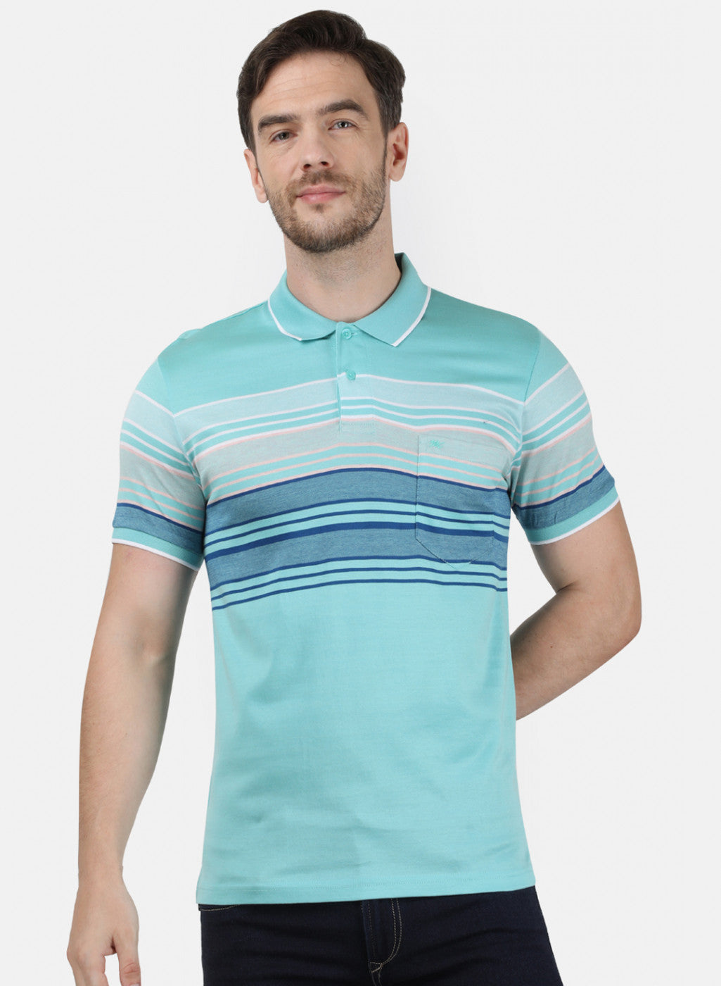 Mens Sea Green Stripe Collar T-Shirts