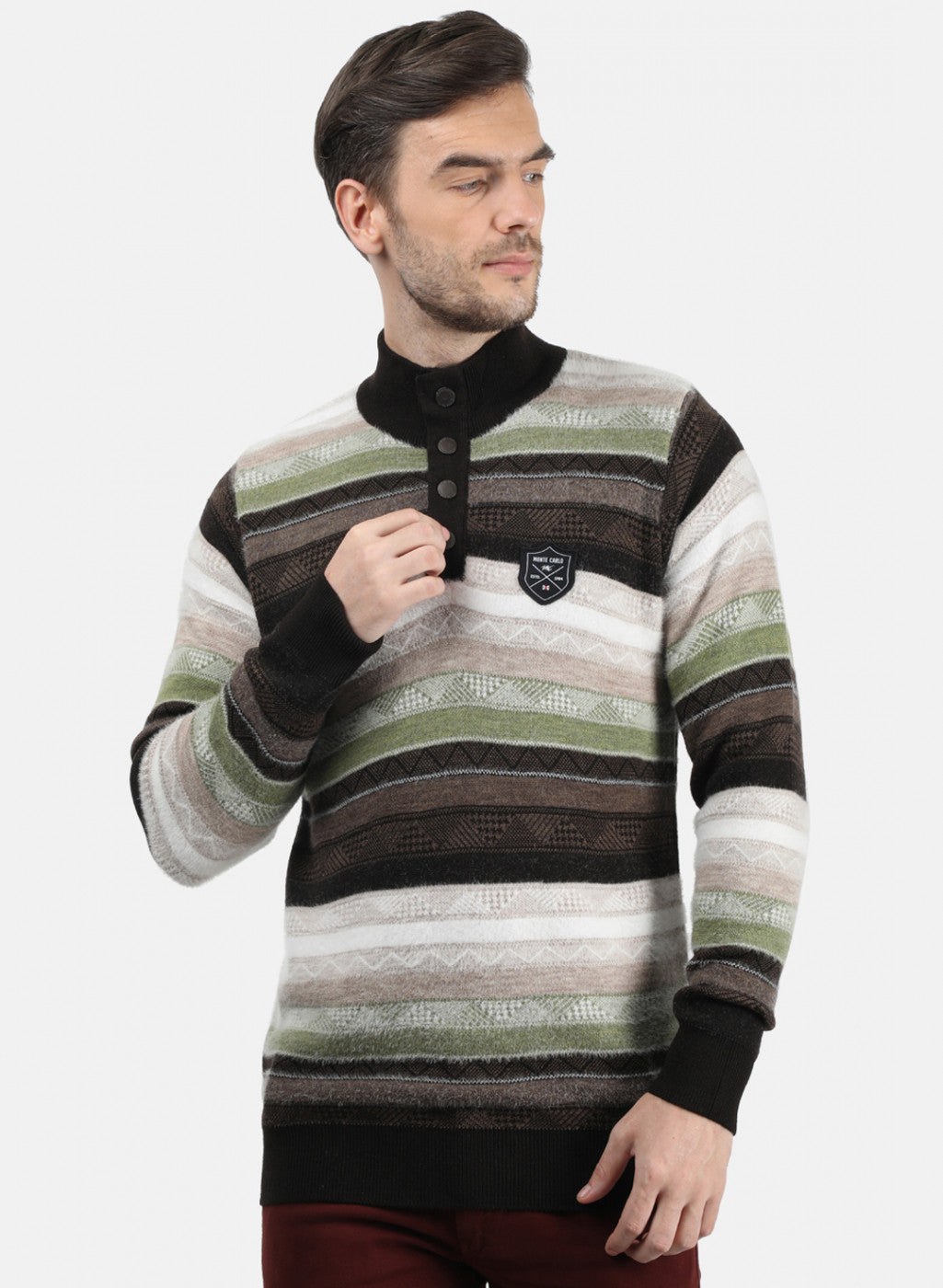 Men Brown & Green Solid Pullover