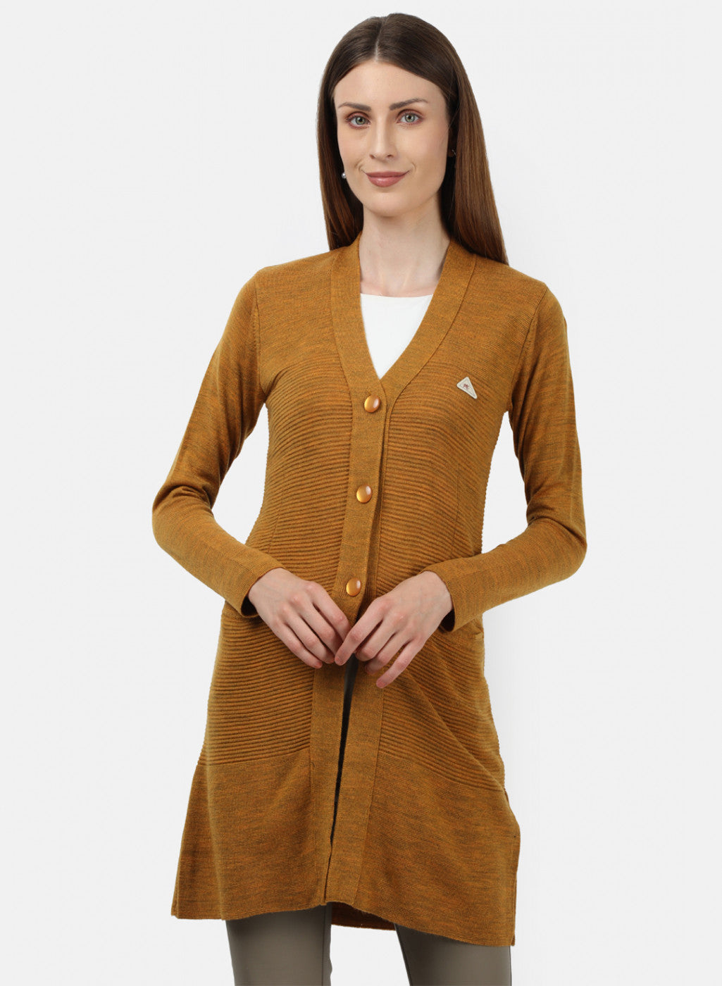 Women Mustard Self Design Cardigan