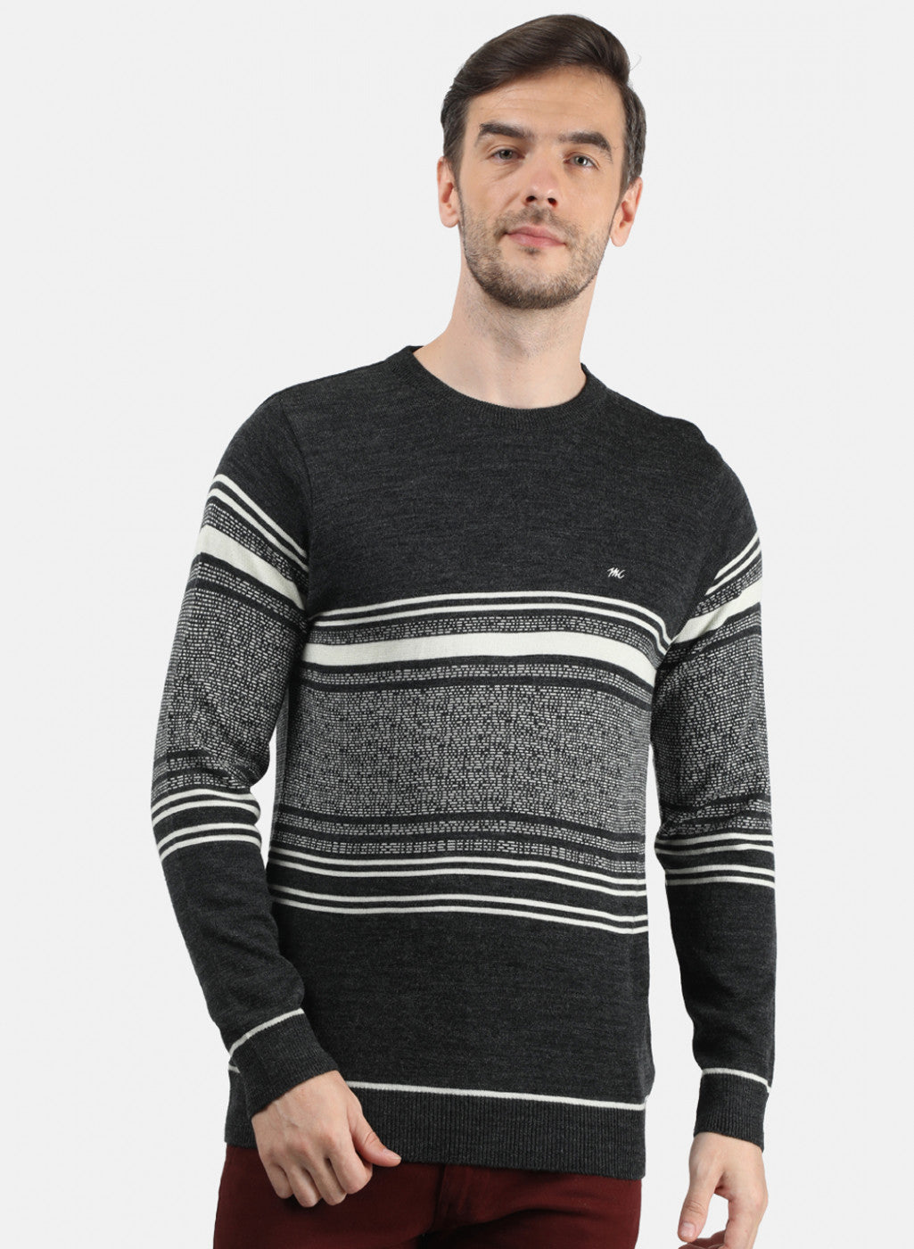 Men Grey & White Solid Pullover