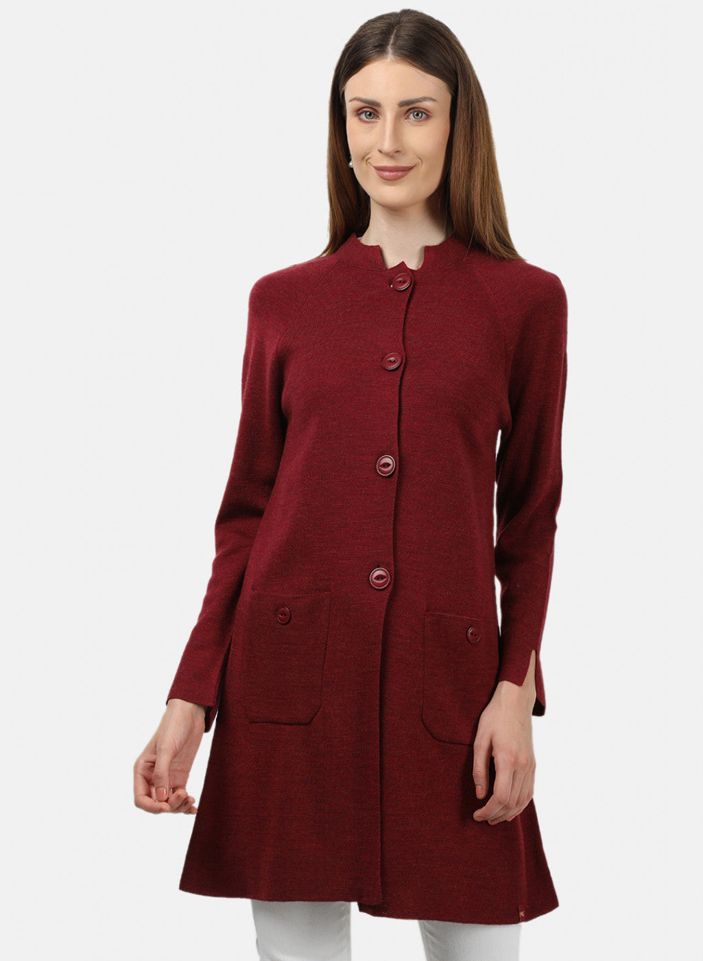 Women Maroon Self Design Cardigan