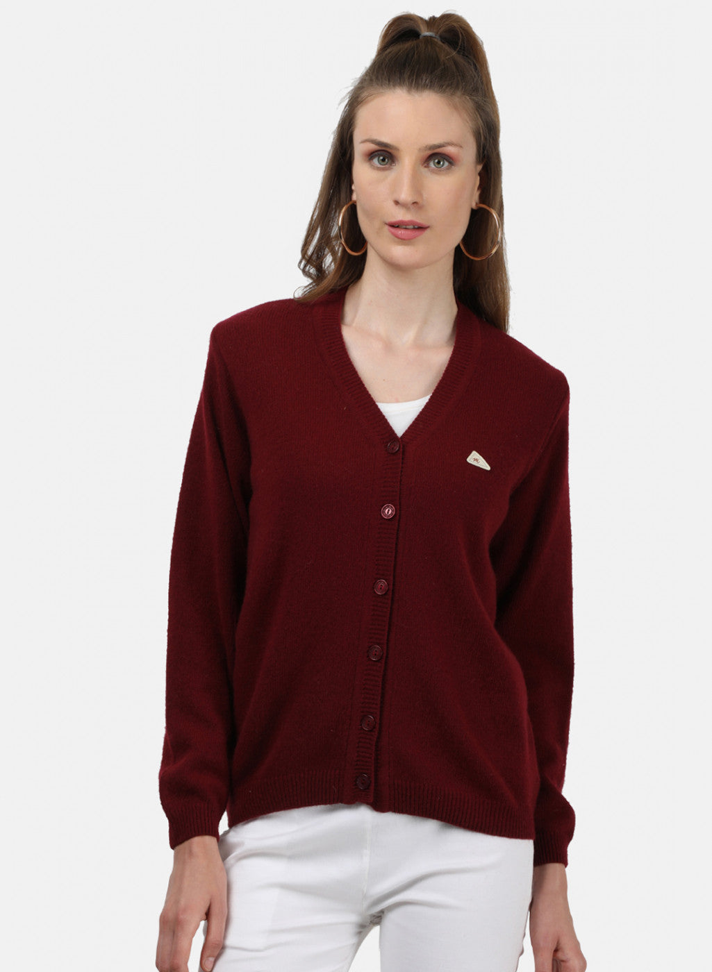 Women Maroon Solid Cardigan