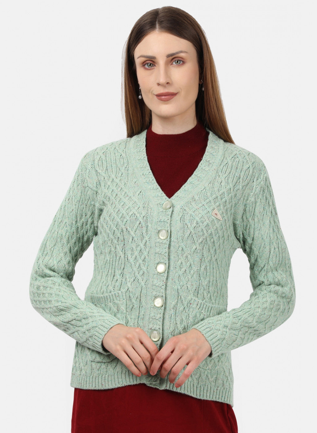 Women Green Self Design Cardigan