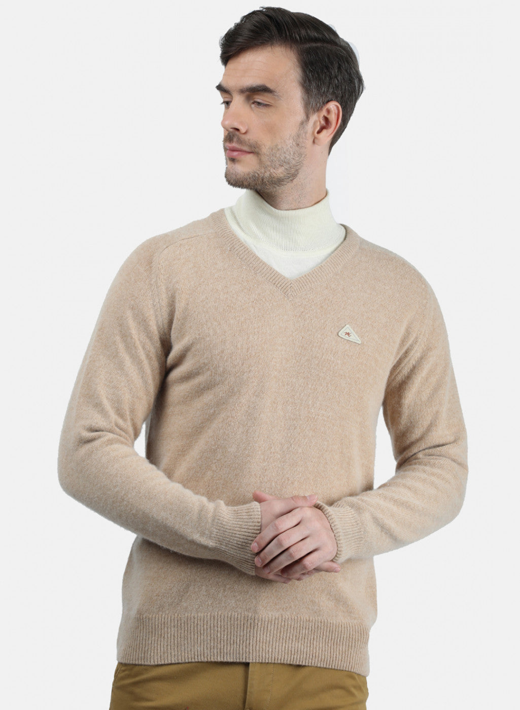 Men Beige Solid Pullover