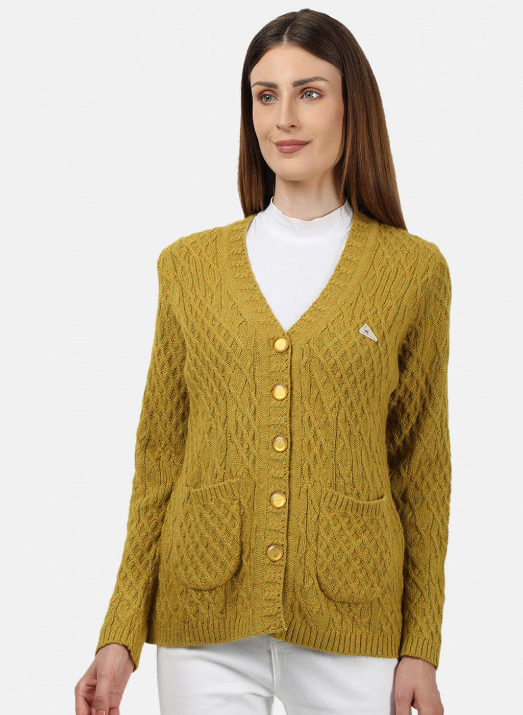 Women Yellow Self Design Cardigan