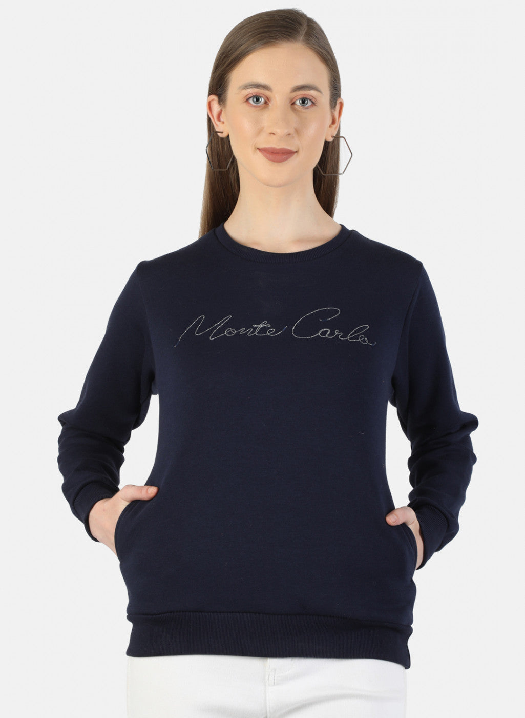 Women Navy Blue Embroidered Sweatshirt