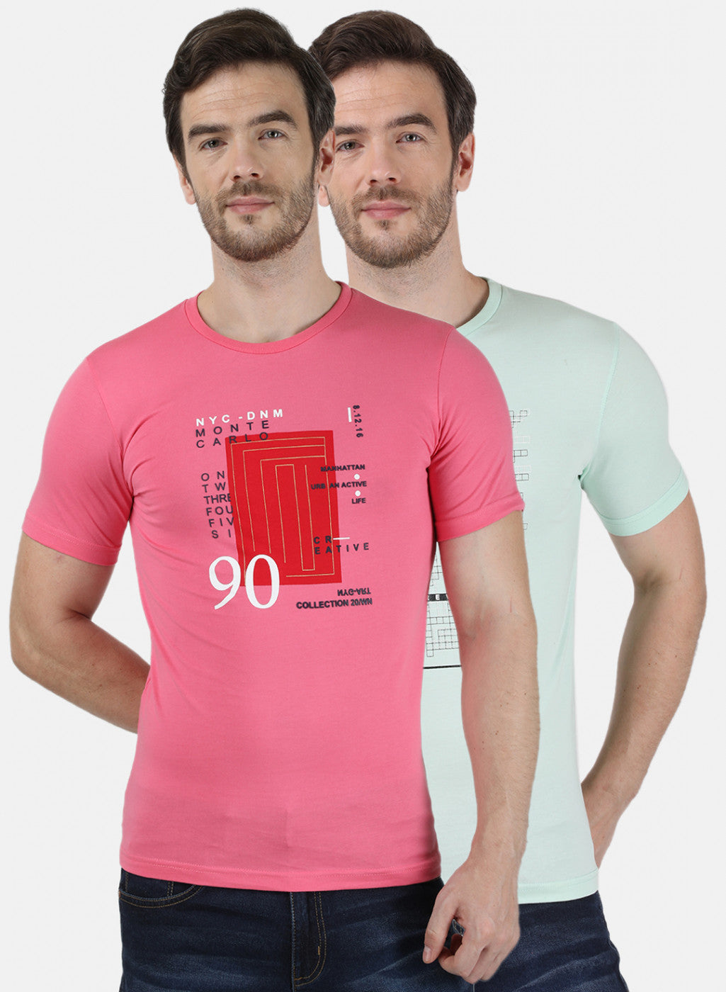 Mens Pink & Sea Green Printed T-Shirt