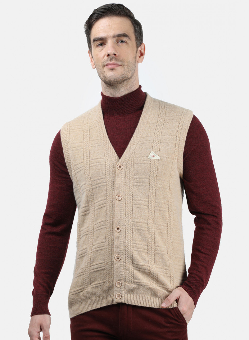 Men Beige Self Design Cardigan