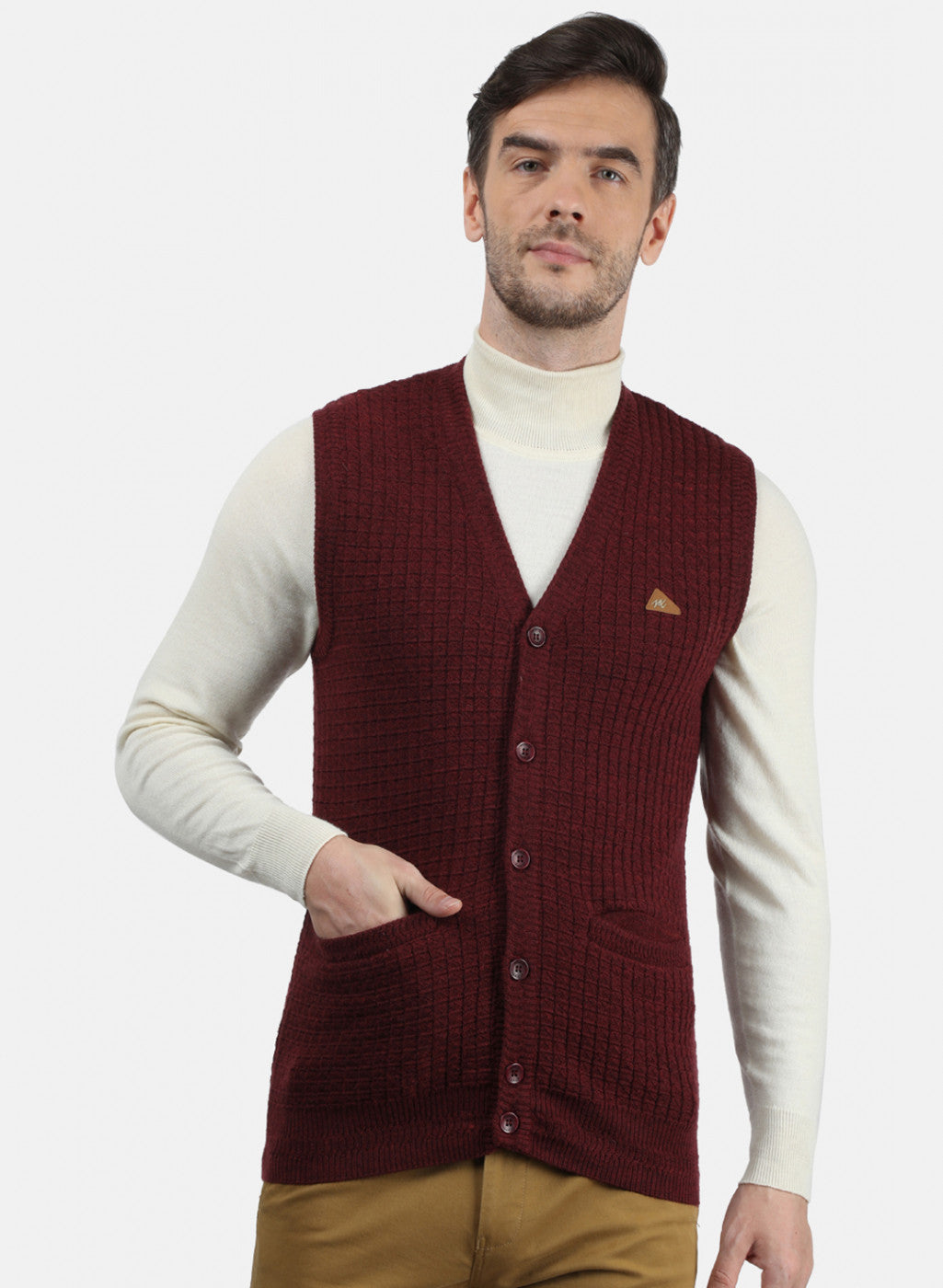 Men Maroon Self Design Cardigan