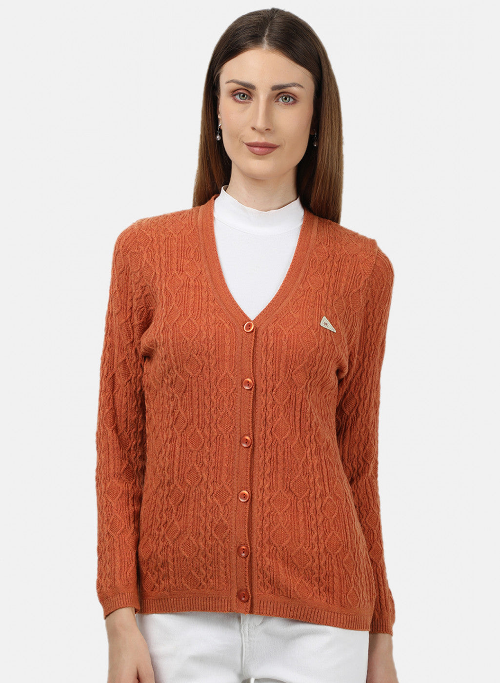 Women Orange Self Design Cardigan