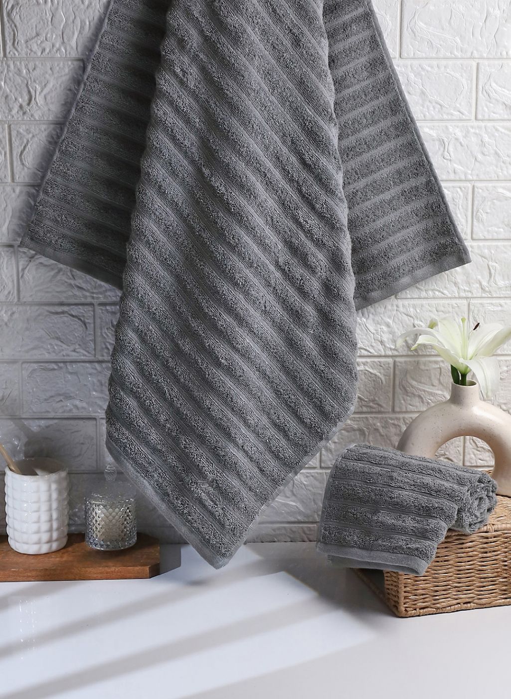 Grey Cotton 525 GSM Towel Set Pack of 2 (1 Bath & 1 Hand Towel)