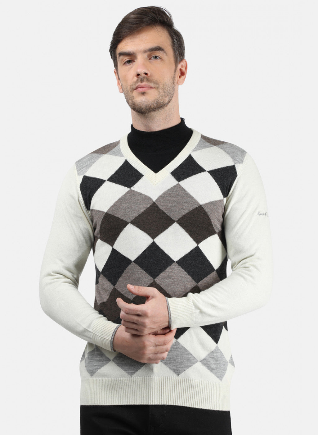 Men White & Grey Solid Pullover