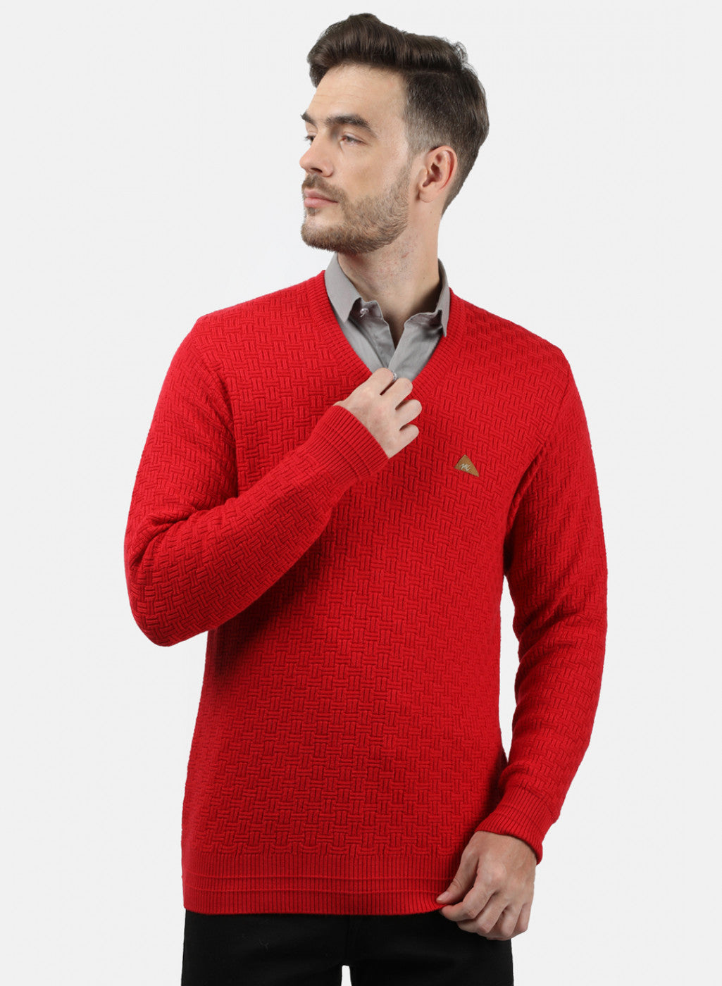 Men Red Self Pullover