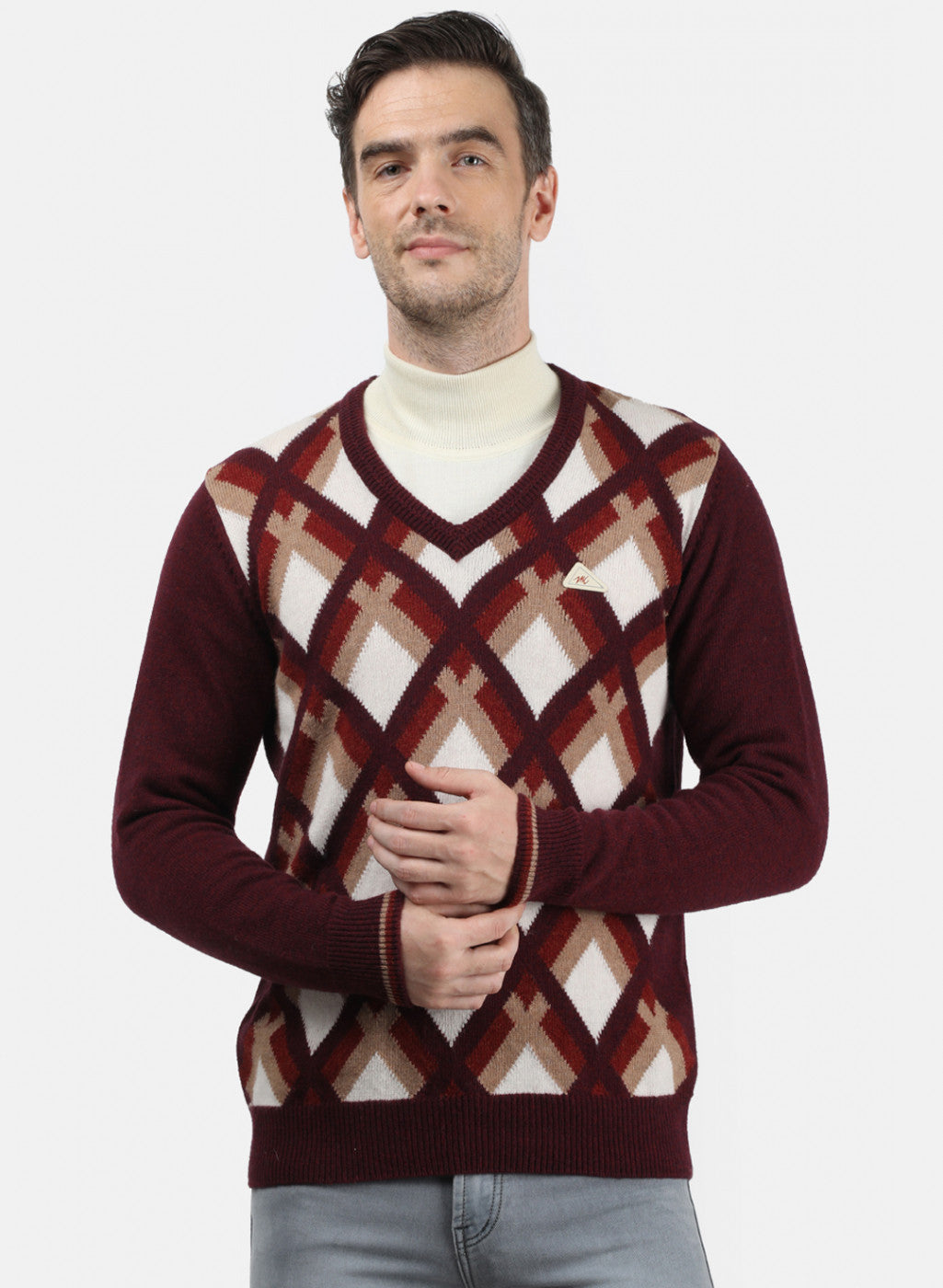 Men Brown & White Solid Pullover