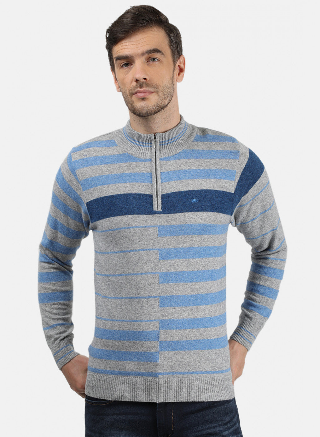 Men Grey & Blue Solid Pullover