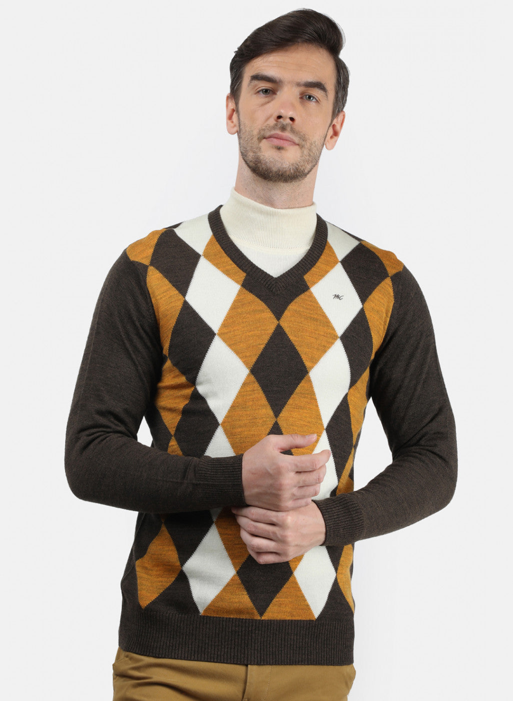 Men Brown & Yellow Solid Pullover