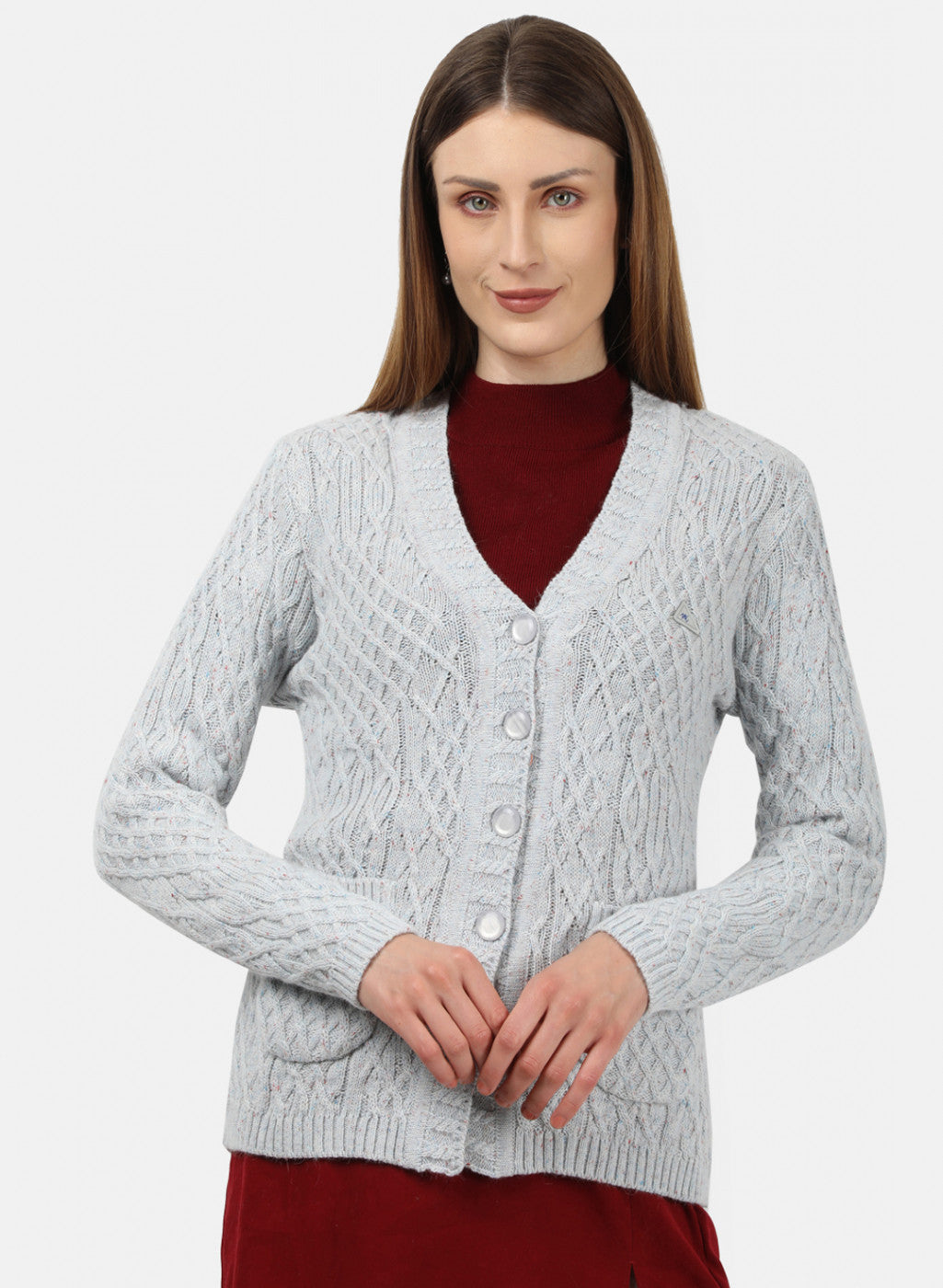 Women Light Grey Self Design Cardigan