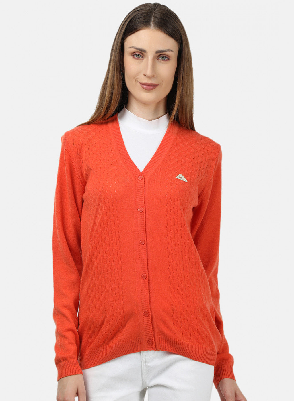 Women Orange Self Design Cardigan