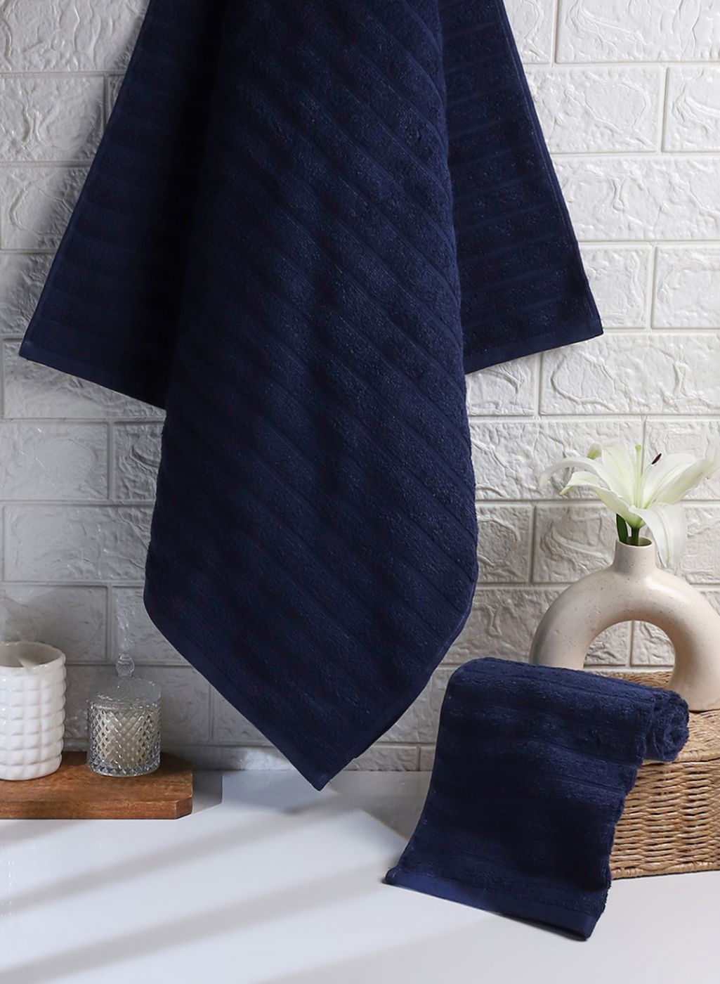 NAvy Blue Cotton 525 GSM Towel Set Pack of 2 (1 Bath & 1 Hand Towel)