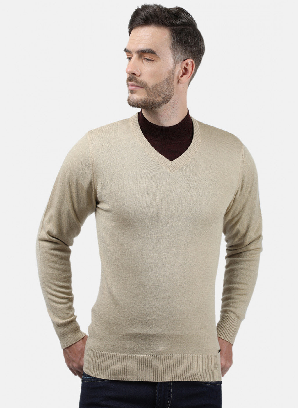 Men Beige Solid Pullover