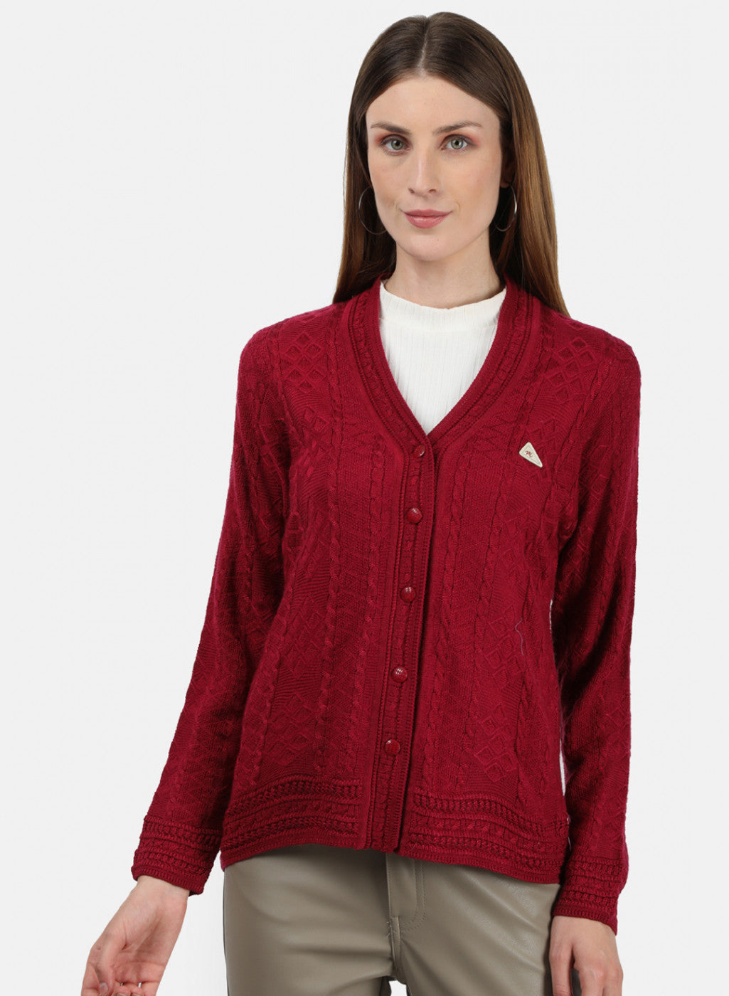 Women Red Self Cardigan