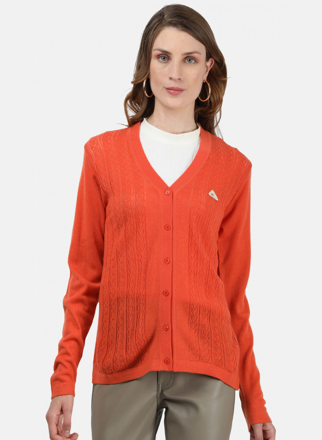 Women Orange Self Cardigan